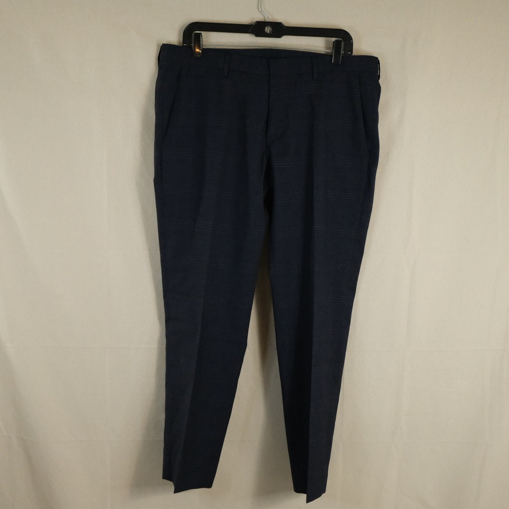 Hugo Boss 36x28 Huge4 Genius3 Dress Pants Navy Blue Plaid 100% Wool Formal Mens